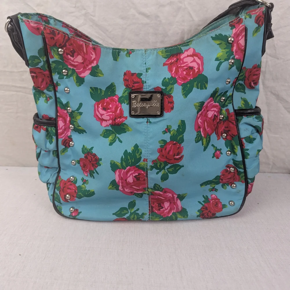 Betsey Johnson Betseyille Red Roses with Blue Background Hobo Bag